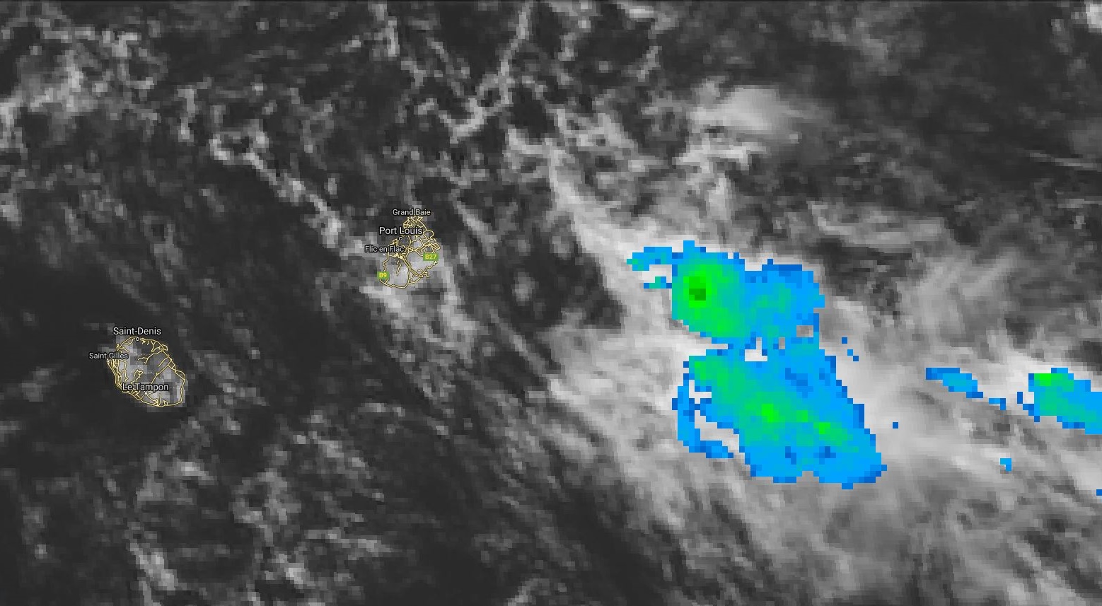 Photo satellite de midi: la zone d'instabilité gagne en activité à l'est sud-est de Maurice.