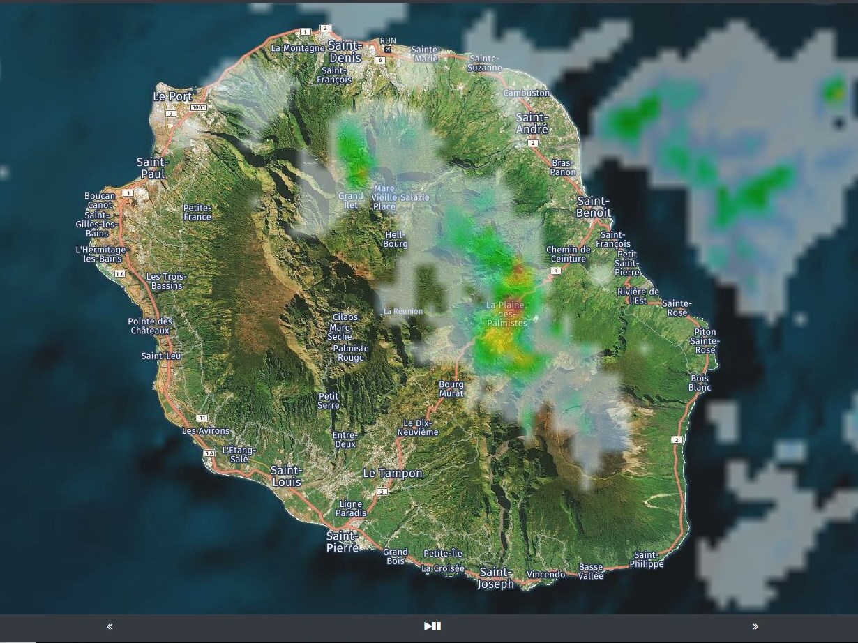 13h14: radar Météo France: fortes averses orageuses alors dans la région de la Plaine des Palmistes. Crédit image: https://www.meteoi.re/ 13h14: radar Météo France: fortes averses orageuses alors dans la région de la Plaine des Palmistes. Crédit image: https://www.meteoi.re/