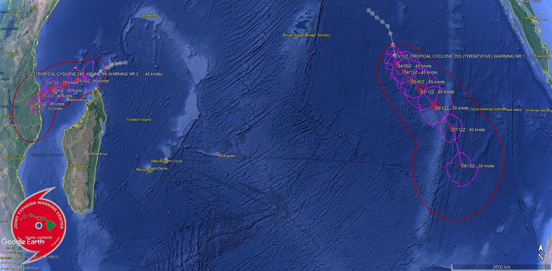 Prévisions de trajectoire et d'intensité de la Navy US pour les deux systèmes cycloniques tropicaux actuellement sur le Sud de l'océan indien.
