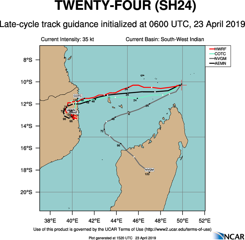 15UTC: TC KENNETH(24S) forecast to peak as a category 2 US in 48hours, potential direct threat to Grande Comore 15UTC: TC KENNETH(24S) forecast to peak as a category 2 US in 48hours, potential direct threat to Grande Comore