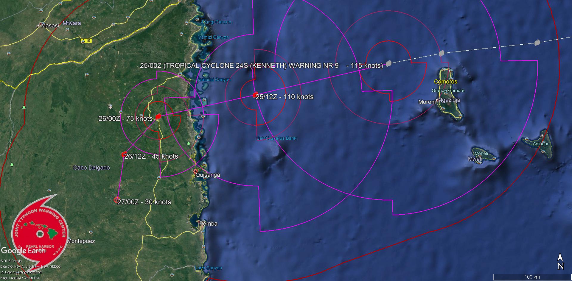 09h: le cyclone intense KENNETH est passé à 15/20km du nord de Grande Comore et se dirige vers le Mozambique(VIDEO)