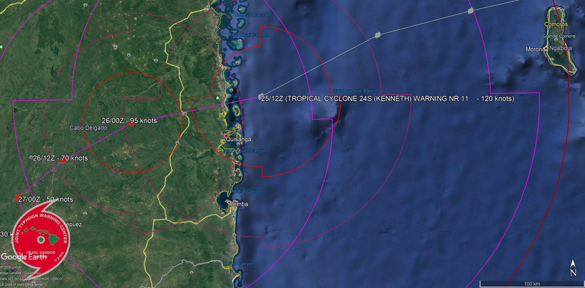L'oeil du cyclone touche terre à une tentaine de kms au nord de Quisanga/Mozambique.