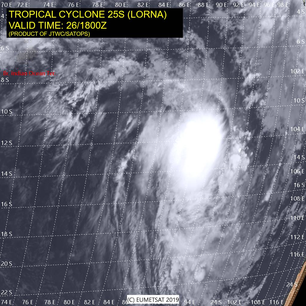21UTC: TC LORNA(25S):  category 1 US, recent signs of intensification, remaining over open seas 21UTC: TC LORNA(25S):  category 1 US, recent signs of intensification, remaining over open seas