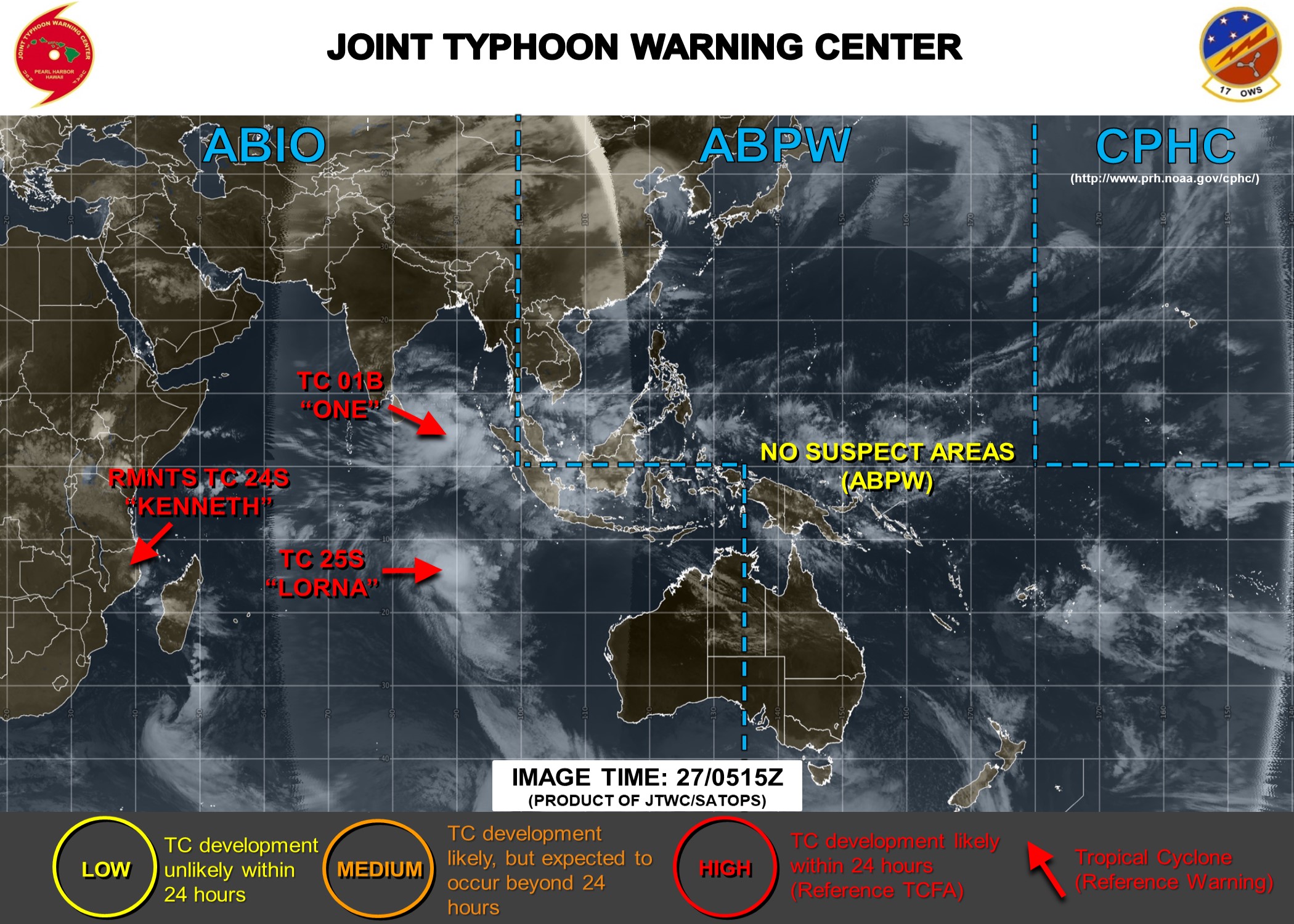 INDIAN OCEAN: TC 01B: significant intensification forecast next 4 days. TC LORNA(25S): significant weakening forecast after 12hours