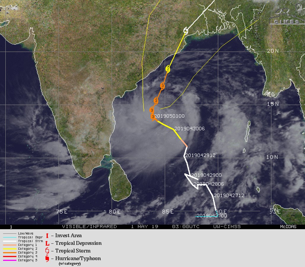 Cyclone FANI(01B) category 3 US, possible landfall near Puri/India shortly after 48hours(VIDEO)