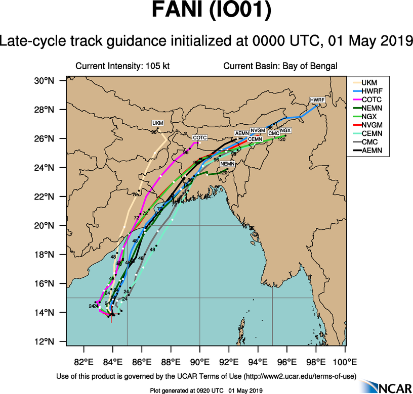 Cyclone FANI(01B) category 3 US, forecast to be close to the Puri/Ratanpur area in 48hours