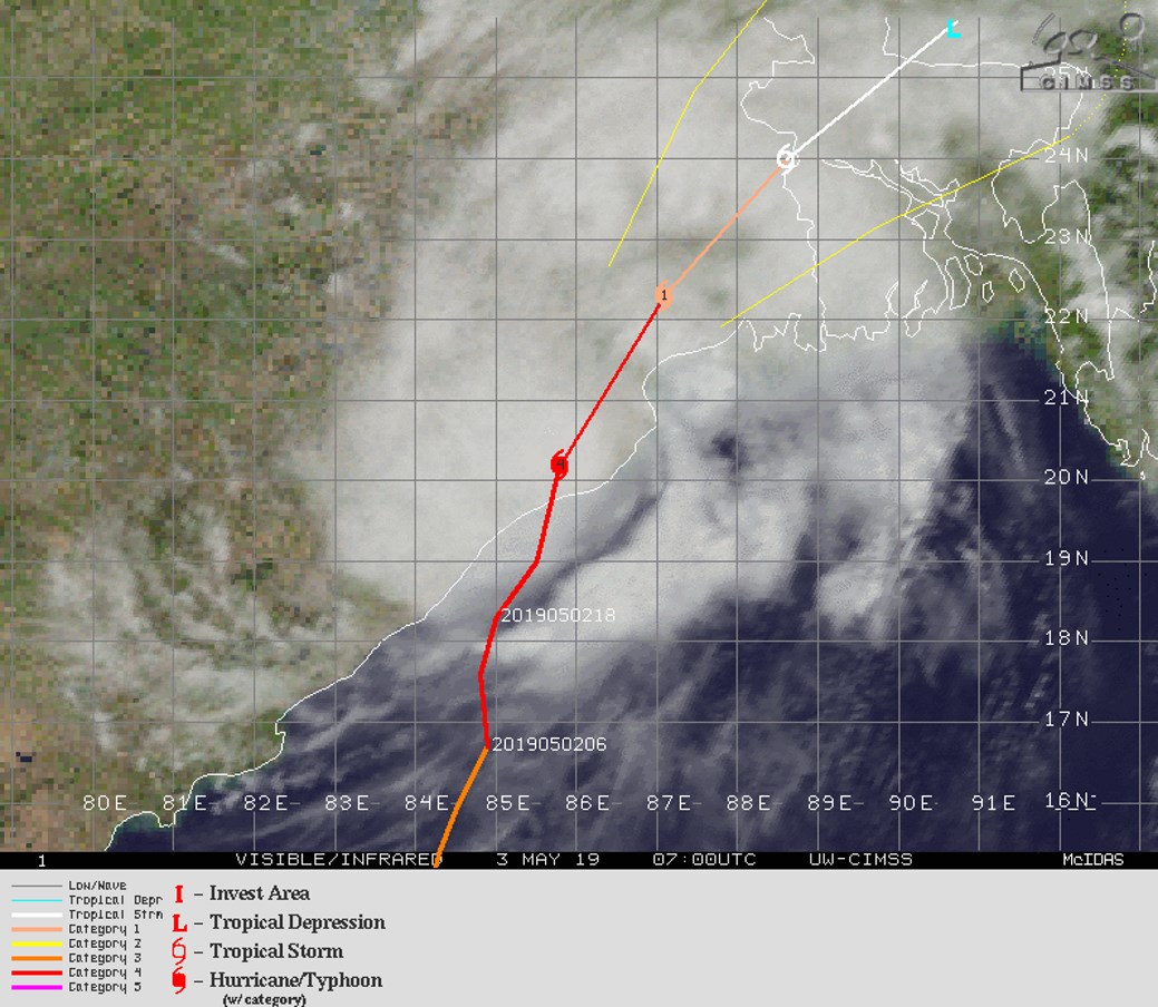 CYCLONE FANI(01B) WAS A STRONG CATEGORY 4 US AT LANDFALL NEAR PURI. FORECAST TO TRACK TO THE WEST OF KOLKATA AS A CATEGORY 1