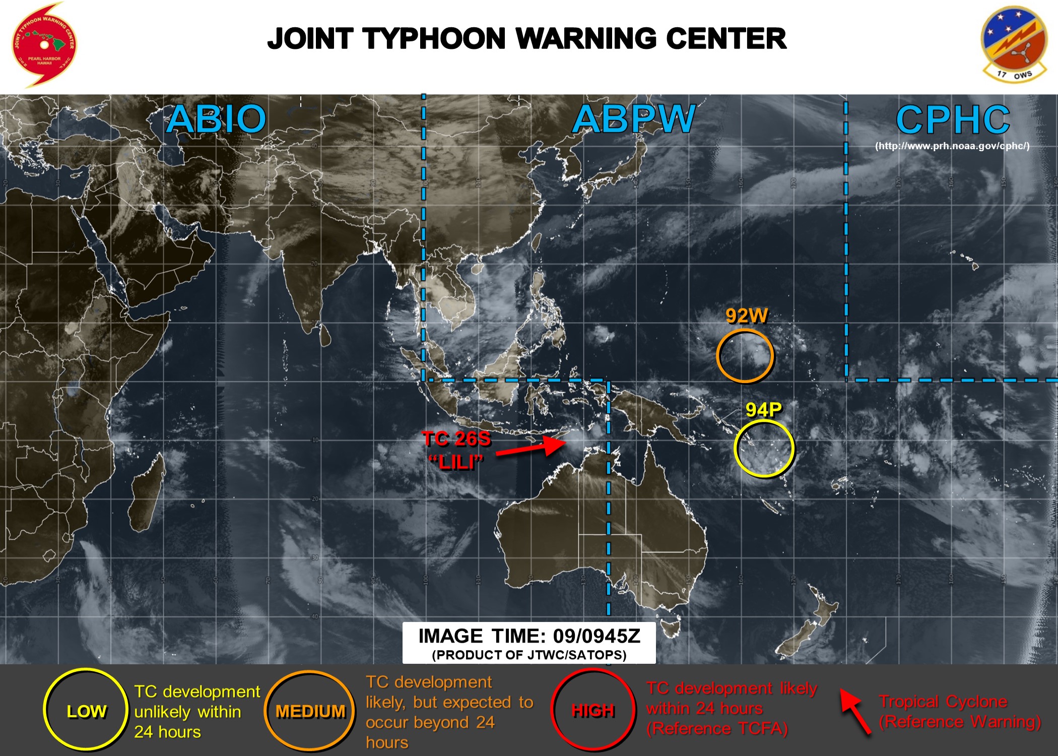 West Pacific: areas under watch north and south of the equator