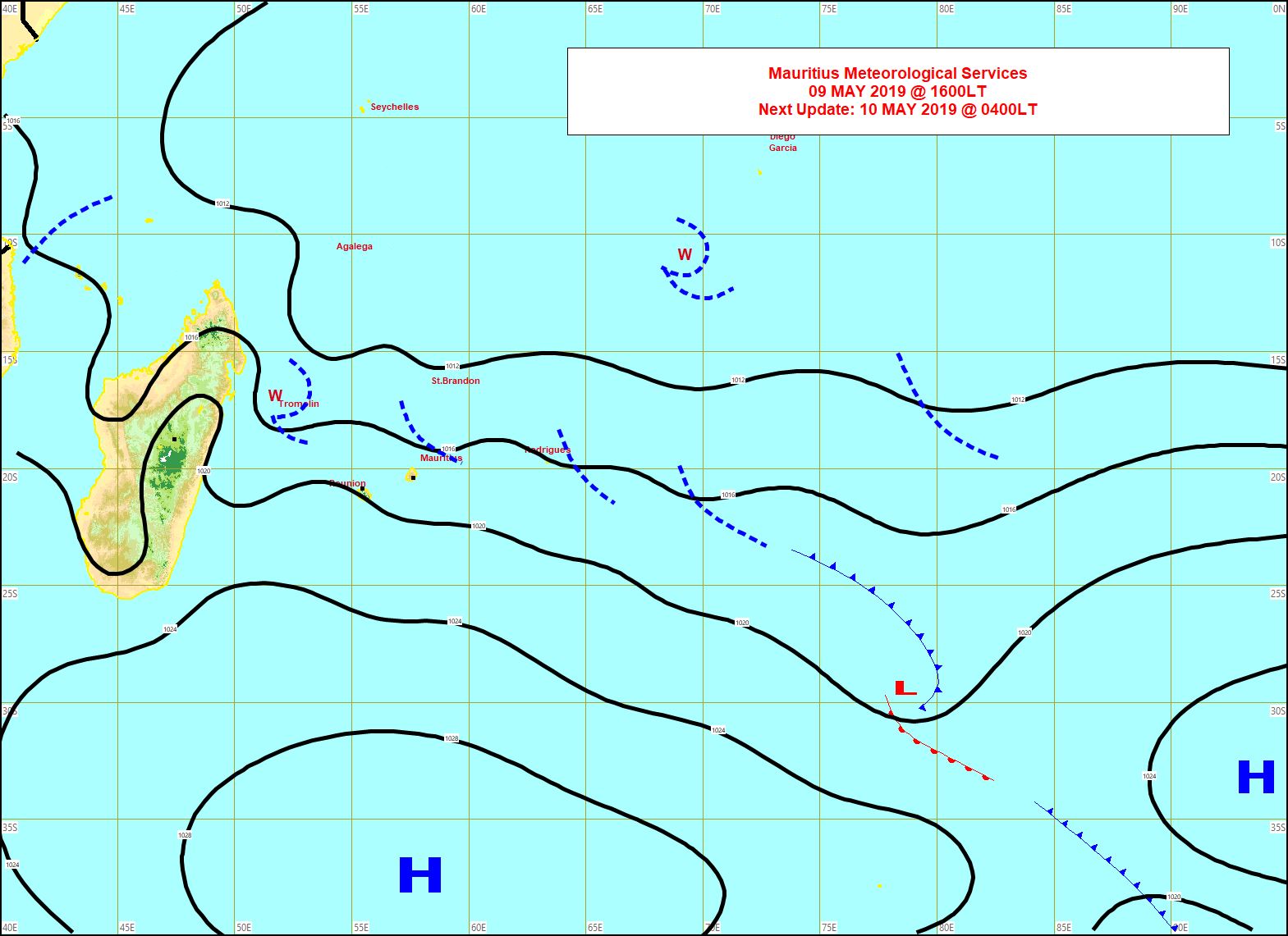 L'anticyclone est positionné au sud des Mascareignes. Carte MMS de 16h.