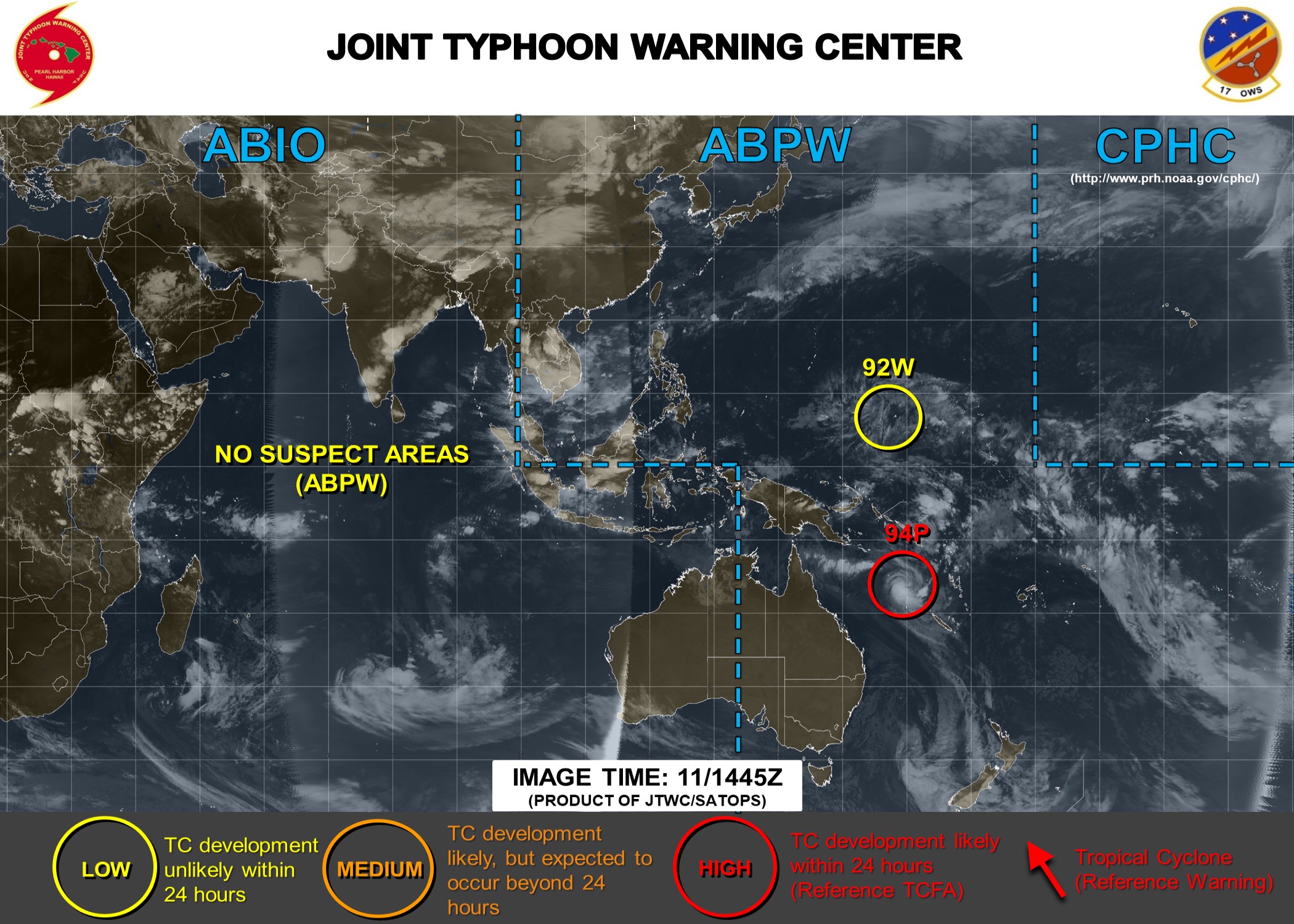 INVEST 94P IS NOW HIGH FOR THE NEXT 24H. INVEST 92W IS STILL LOW