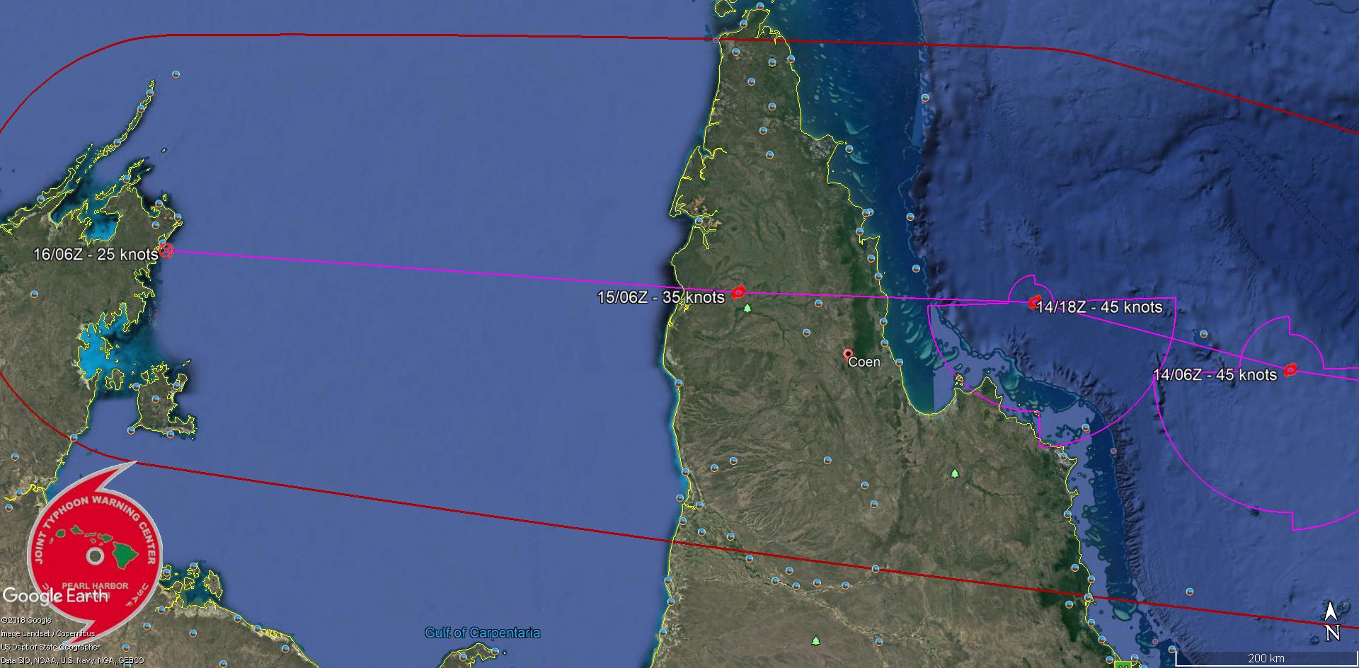LANDFALL FORECAST NEAR COEN BETWEEN 36/48HOURS AS A 45KNOTS CYCLONE