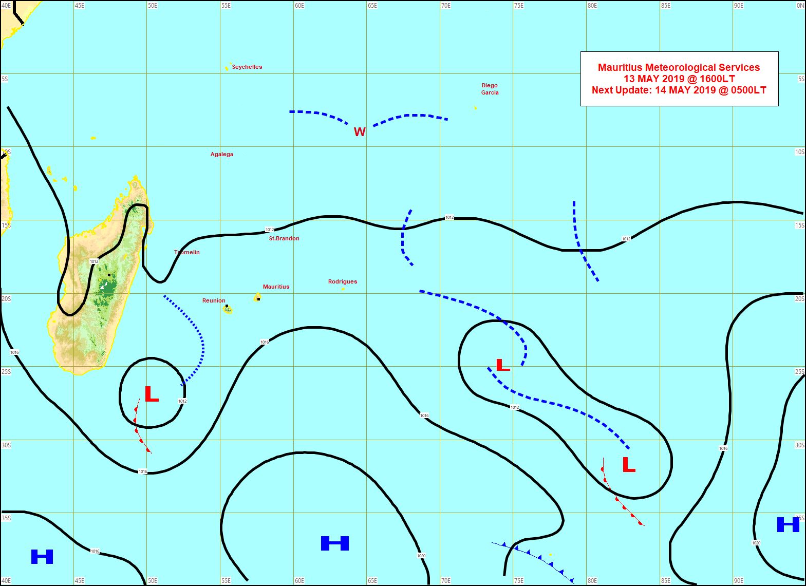 Carte de la situation en surface à 16heures. MMS/Vacoas.
