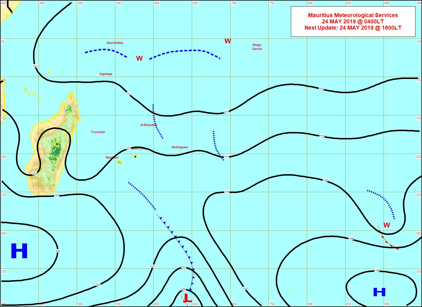 Situation en surface établie à 4 heures ce matin.  Un anticyclone s'approche de notre région par le sud-ouest. MMS/Vacoas.