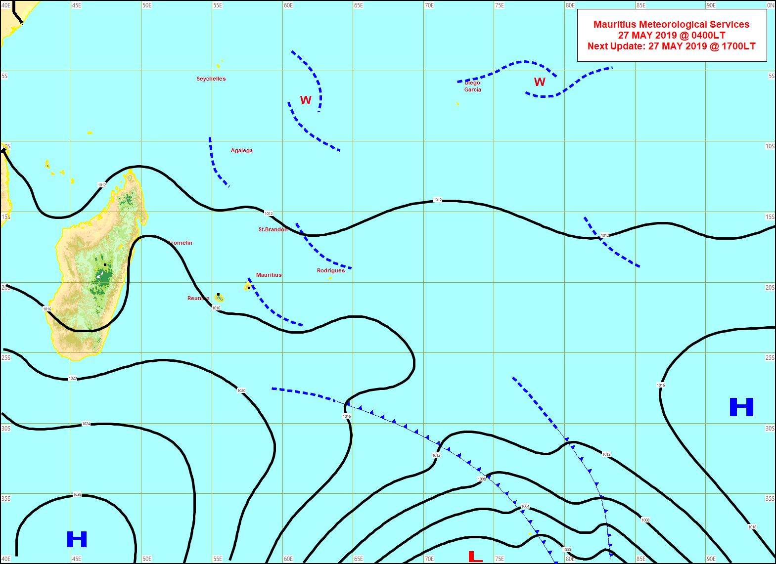 Analyse de la situation en surface ce matin à 4heures. L'anticyclone se positionne lentement au sud des Mascareignes. MMS/Vacoas. Analyse de la situation en surface ce matin à 4heures. L'anticyclone se positionne lentement au sud des Mascareignes. MMS/Vacoas.