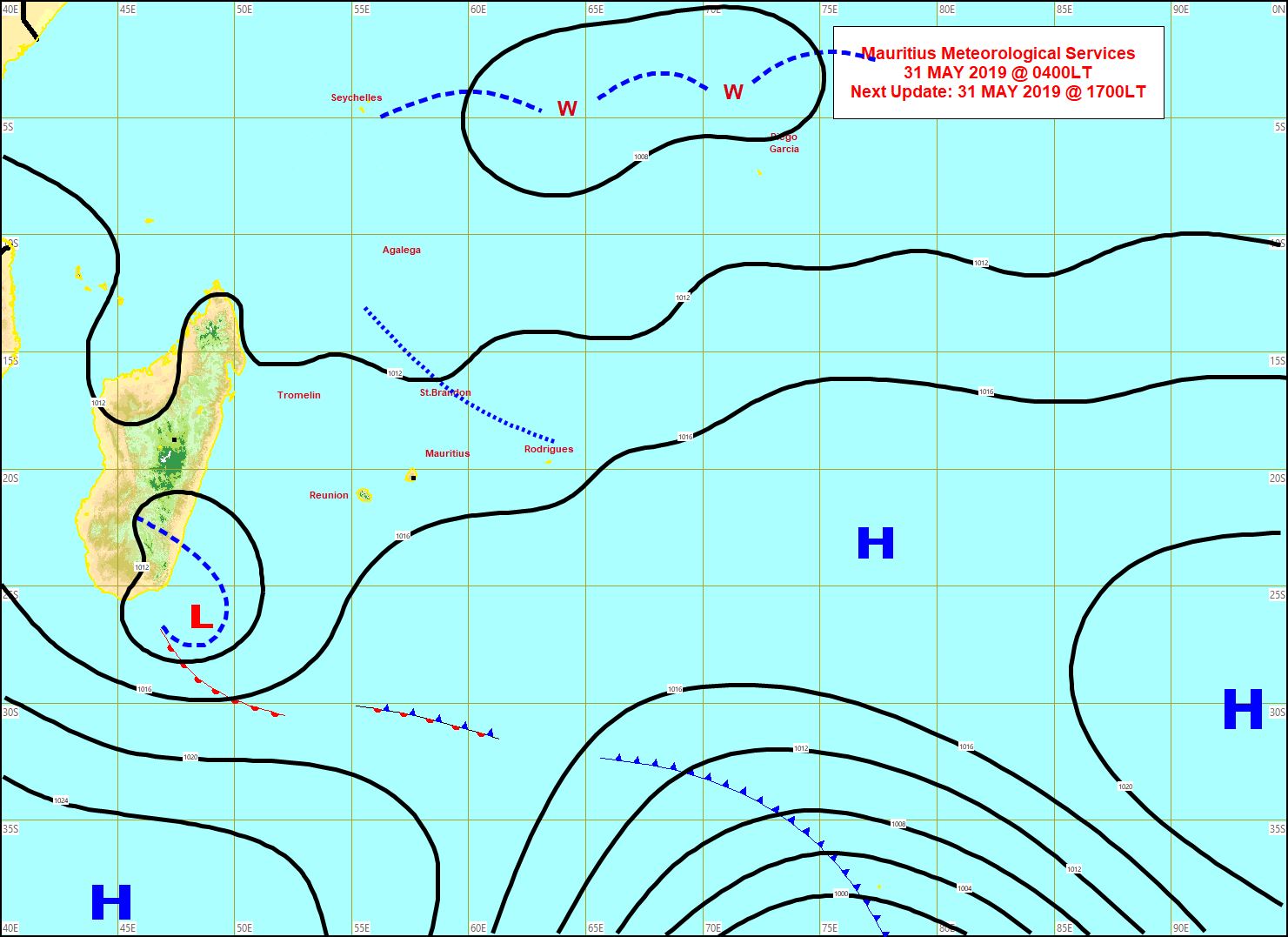 Analyse ce matin à 4heures de la situation de surface. Les vents ont faibli sur les Mascareignes. Une zone de basses pressions évolue au sud-est de MADA. Une ligne d'instabilité se trouve au nord-est de MAURICE. Entre les deux beau temps. MMS
