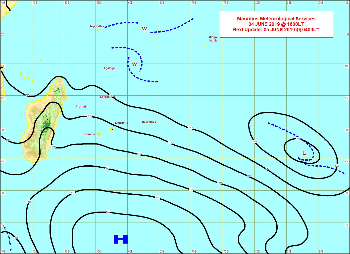 Analyse de la situation en surface à 16heures cet après midi.L'anticylone(H) est toujours positionné au sud des Mascareignes. MMS Analyse de la situation en surface à 16heures cet après midi.L'anticylone(H) est toujours positionné au sud des Mascareignes. MMS