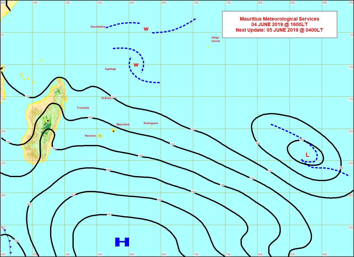 Analyse de la situation en surface à 16heures cet après midi.L'anticylone(H) est toujours positionné au sud des Mascareignes. MMS