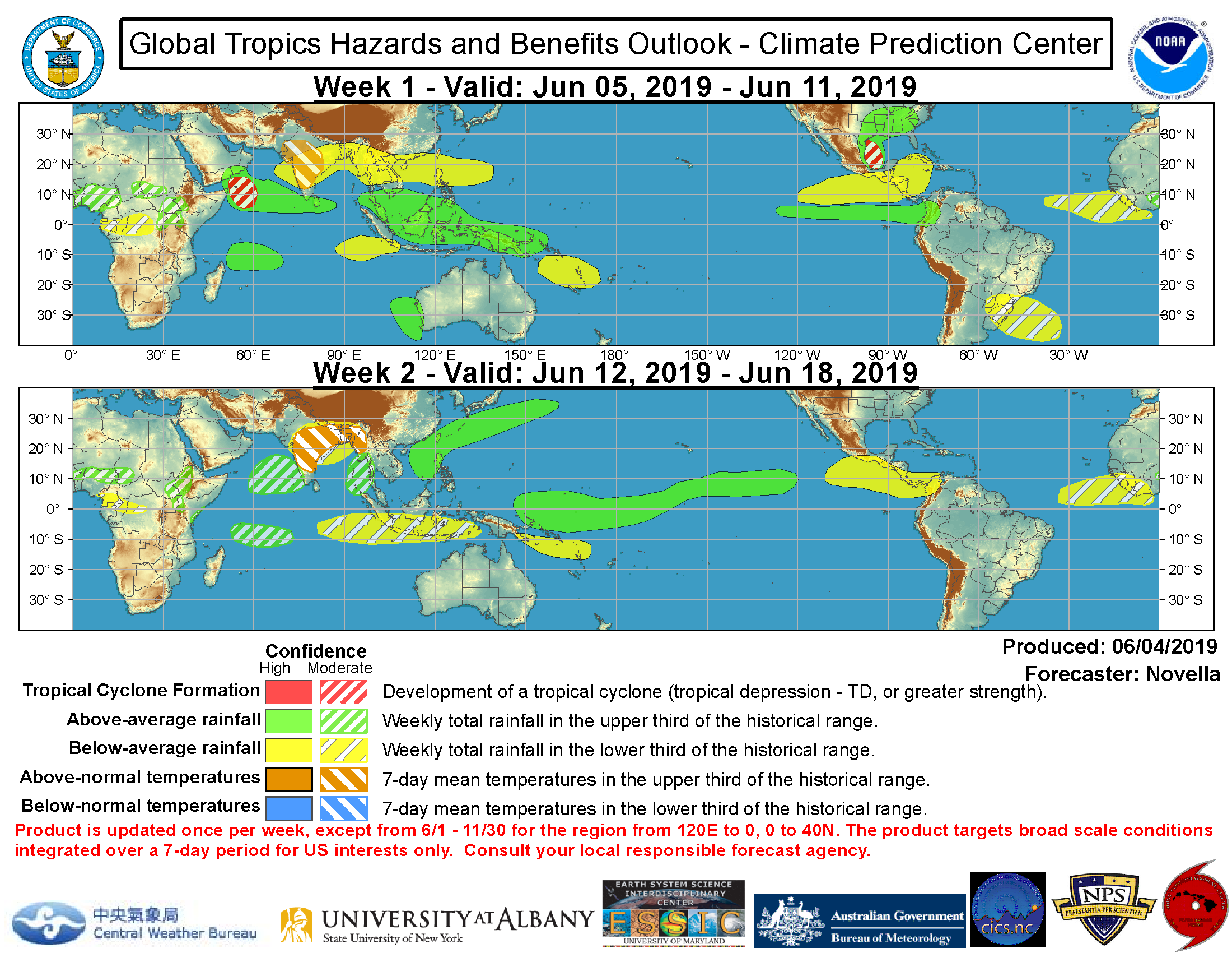 Possible areas of tropical cyclone formation: week 1: Bay of Campeche, Arabian Sea. Week 2: Bay of Bengal