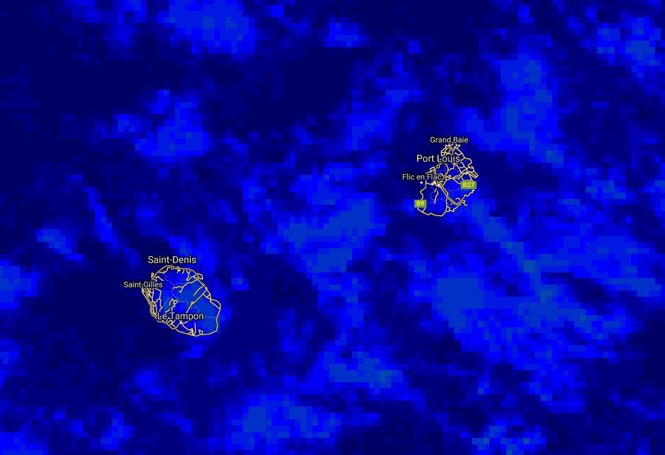 Photo satellite de 6heures. Des nuages d'alizé modérément actifs sont détectés à l'est de la REUNION.
