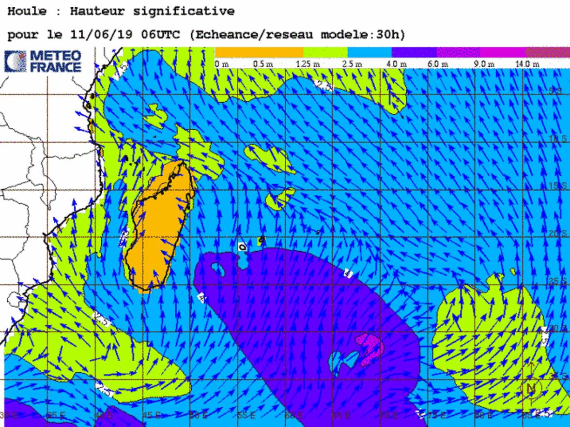 Simulation du modèle qui montre des vagues de 4mètres au sud de MAURICE mardi matin. METEO FRANCE