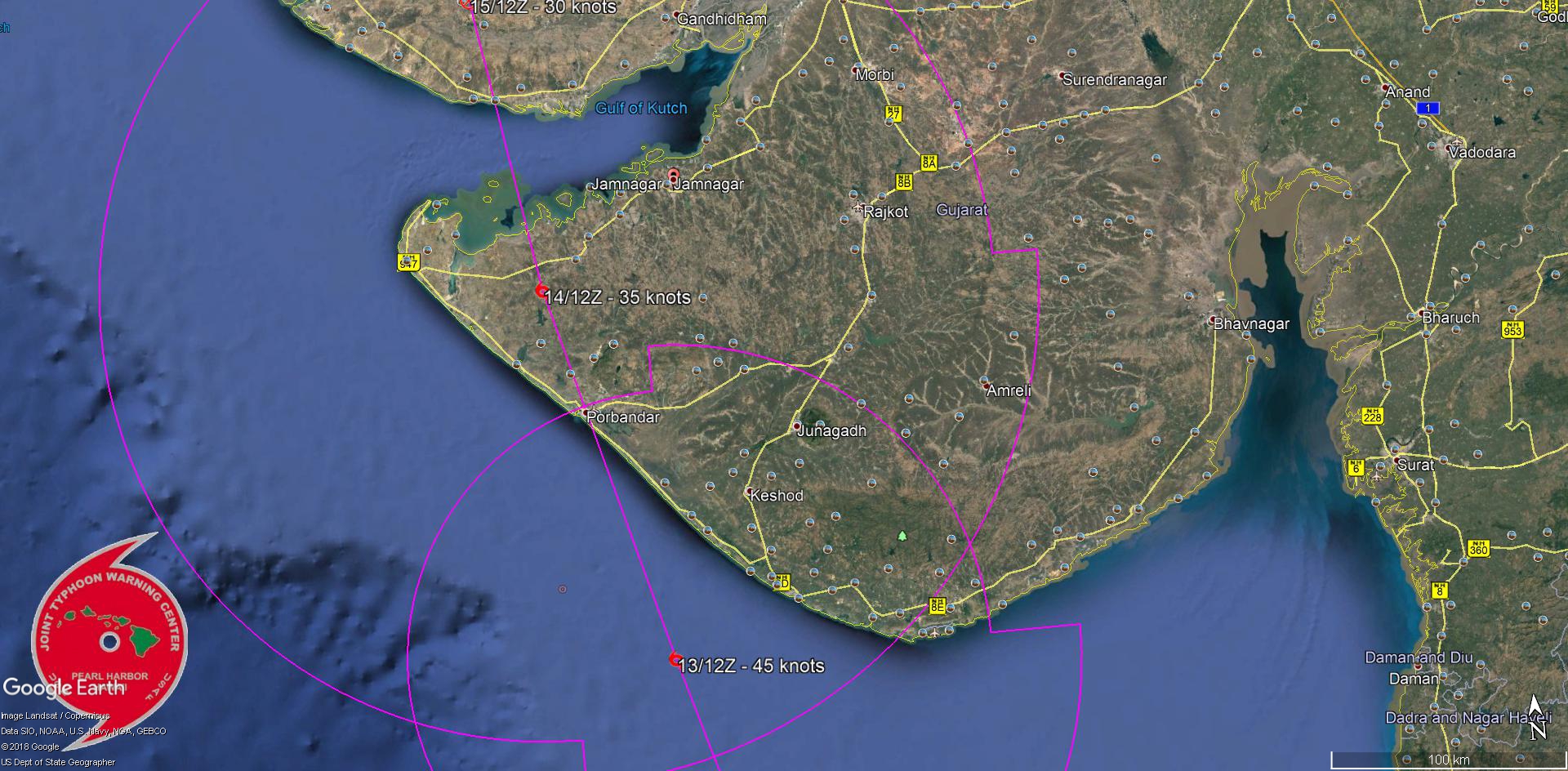 FORECAST LANDFALL AREA AFTER 72H NEAR PORBANDAR/GUJARAT