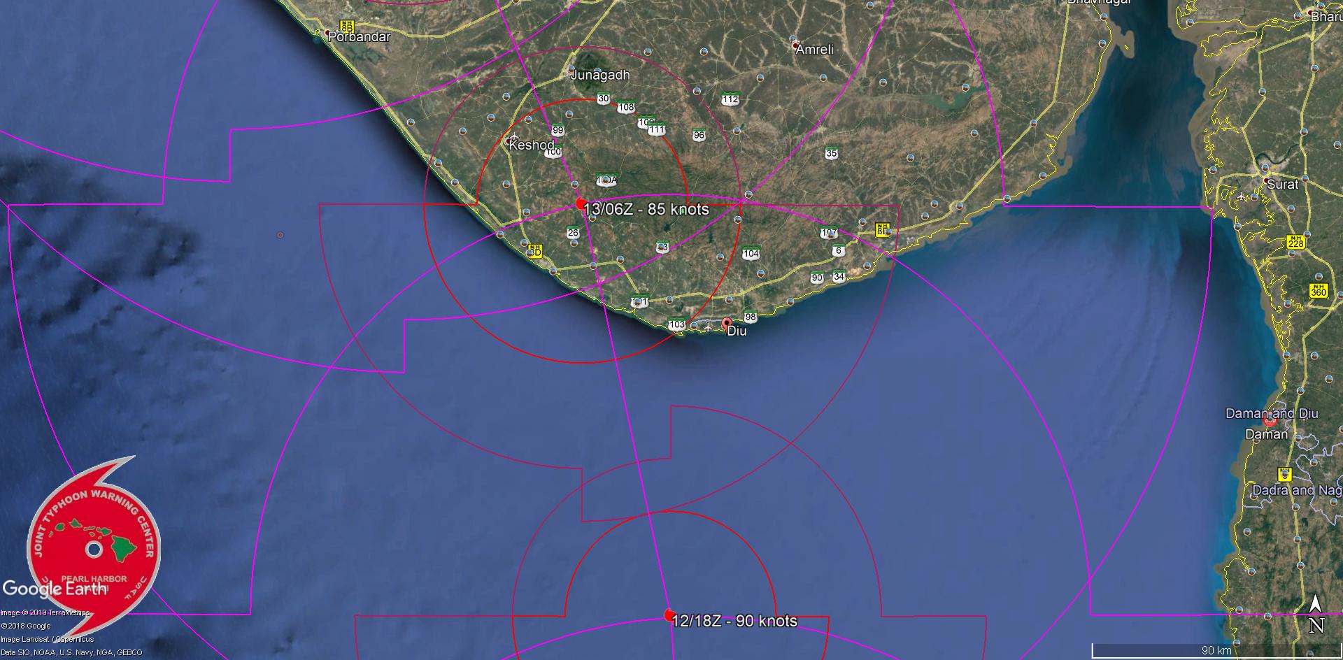 FORECAST LANDFALL AREA BETWEEN DIU AND PORBANDAR SHORTLY BEFORE 48HOURS AS A CATEGORY 2 US