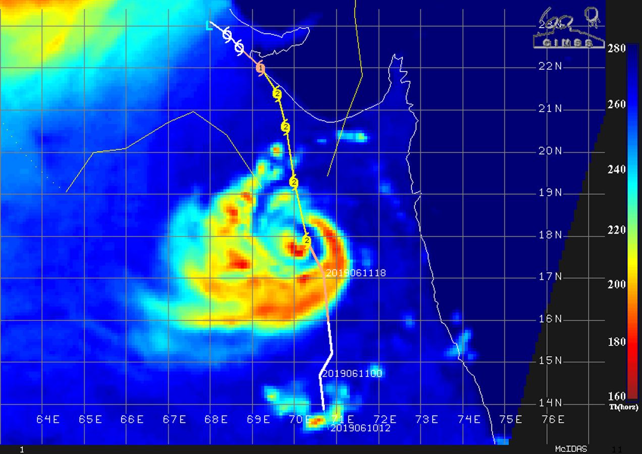 TC VAYU(02A) IS NOW A CATEGORY 2 CYCLONE WITH TOP GUSTS APPROACHING 200KM/H NEAR THE CENTER.