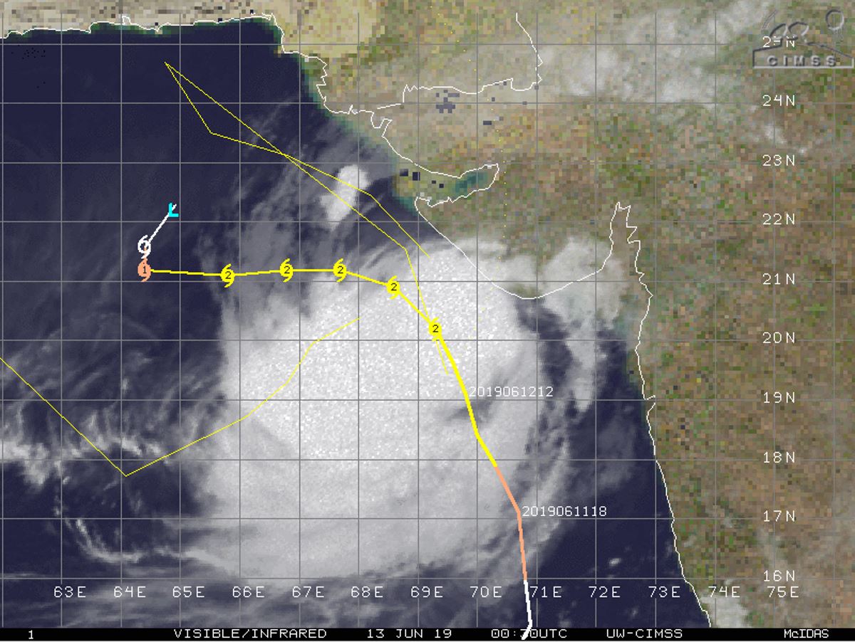 Cyclone VAYU(02A) category 2 US forecast to track more than 100km to the west of Porbandar