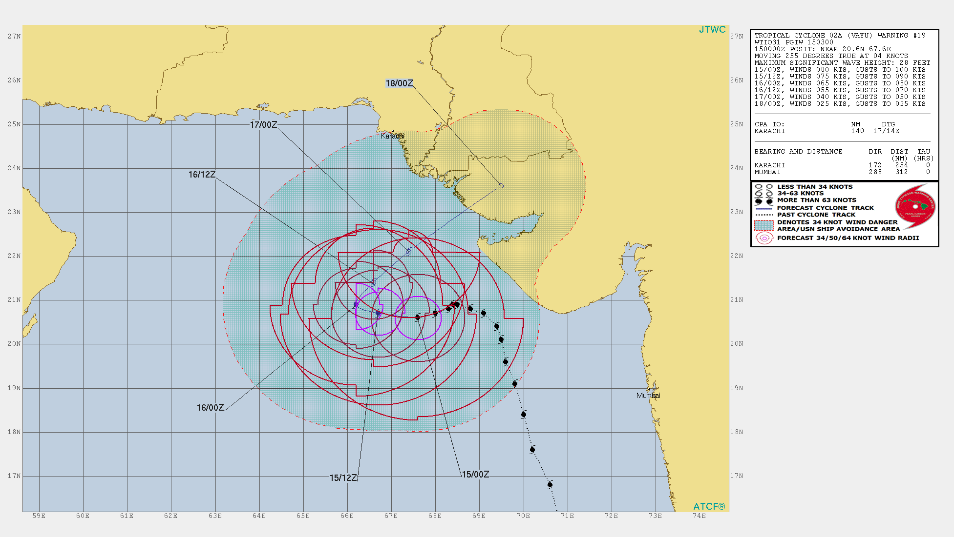 Cyclone VAYU(02A) category 1 US is forecast to weaken rapidly after 24hours due to vertical shear