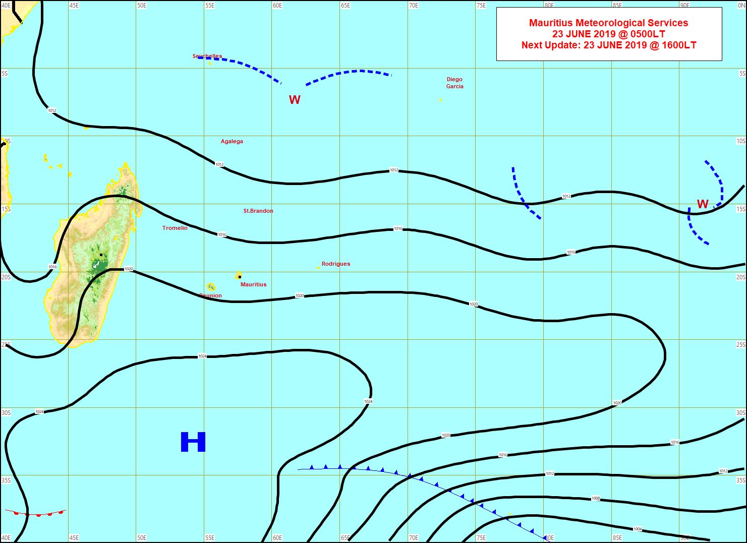 Analyse de la situation de surface ce matin. L'anticyclone(H) faiblit. Les alizés perdent de leur superbe. A noter que la plus forte rafale(107km/h) pour cet épisode a été enregistrée à la Montagne des Signaux(un peu plus de 200m au dessus de Port Louis). MMS