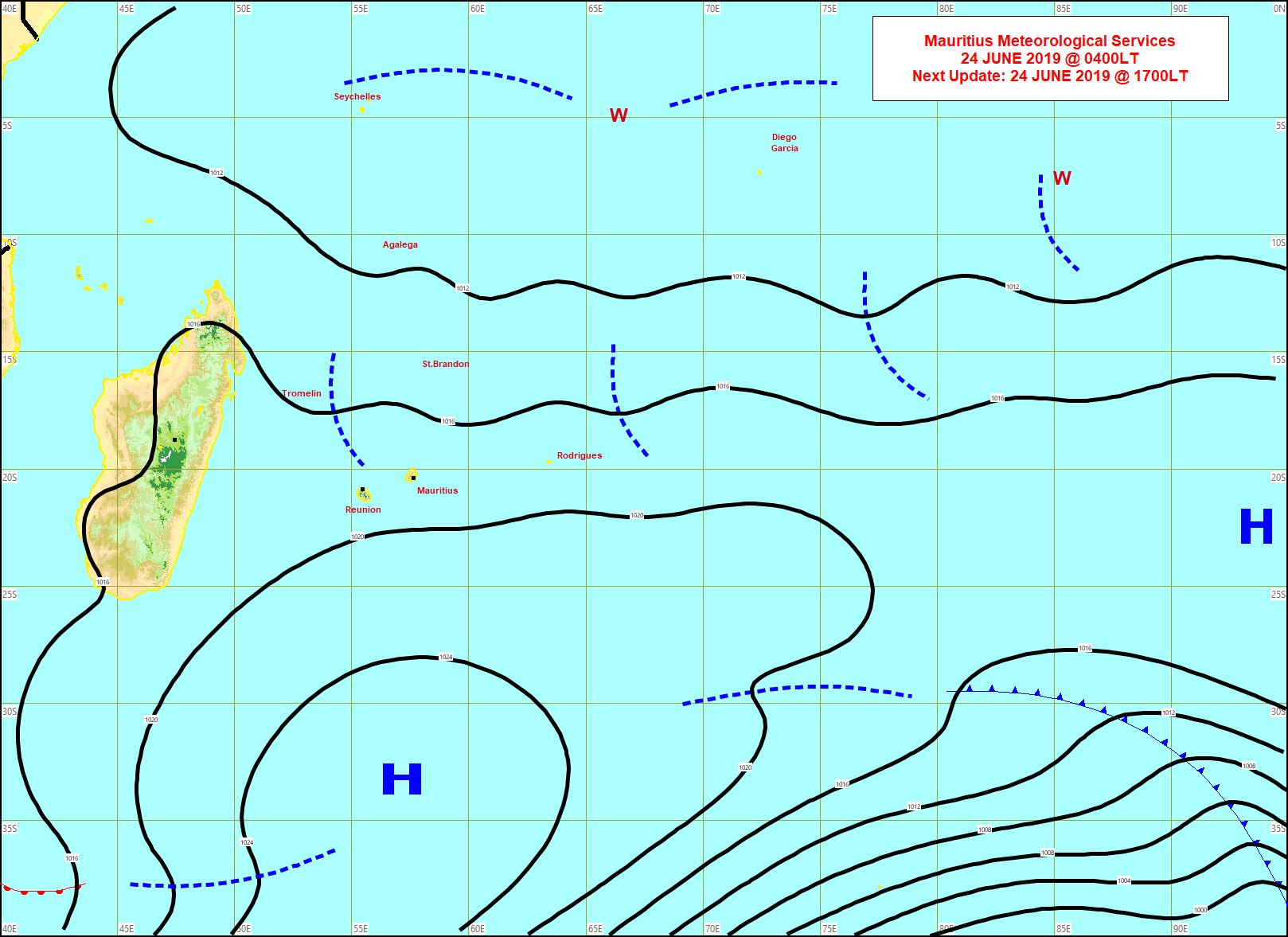Affaibli l'anticyclone(H) maintient néanmoins un temps encore plutôt venteux sur la zone. On note davantage d'instabilité potentielle à proximité des Mascareignes(lignes en pointillé). MMS