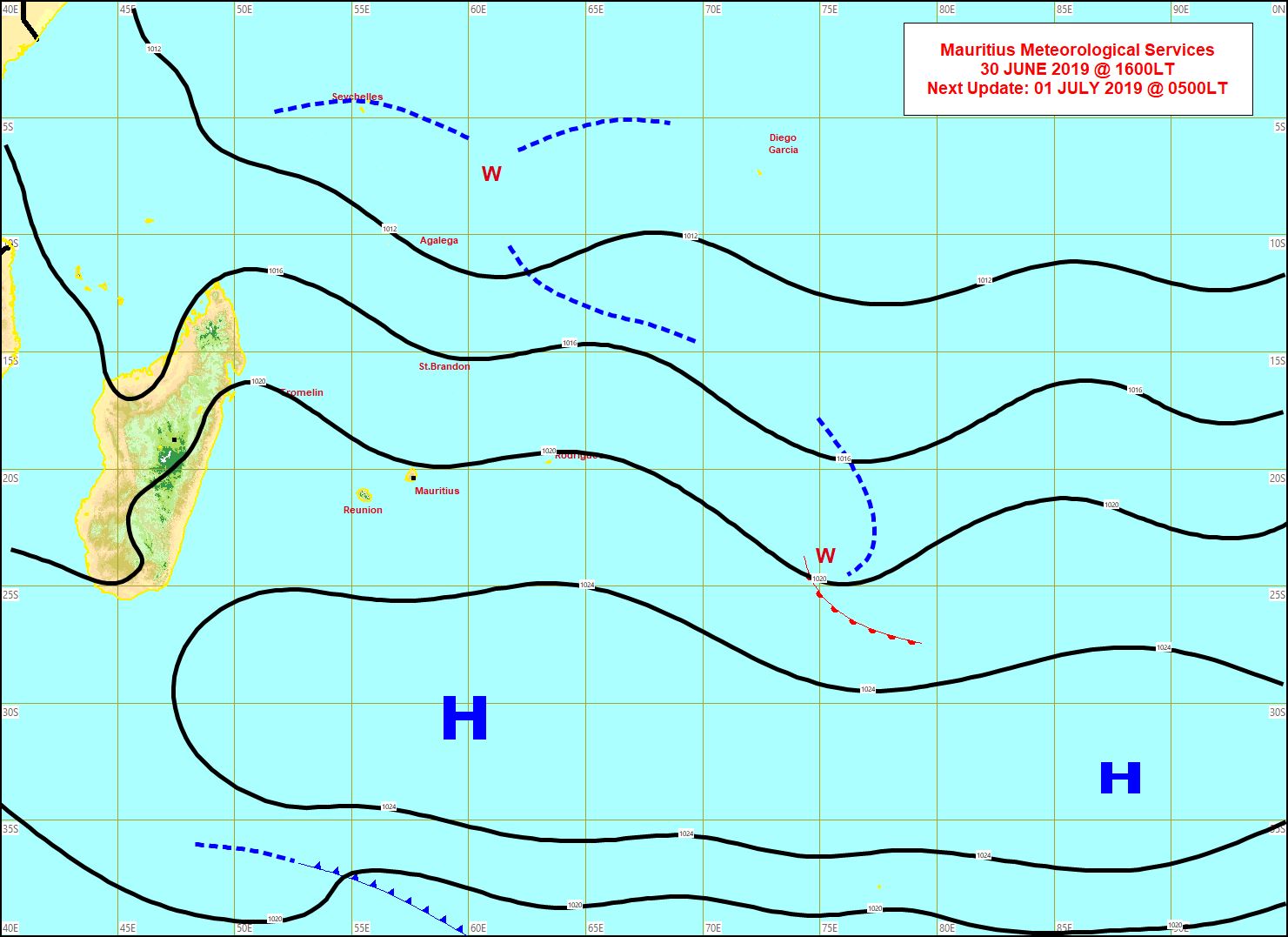 Analyse de la situation de surface cet après midi. L'alizé commencera à faiblir de manière significative Mercredi avec le retrait des hautes pressions(H). MMS