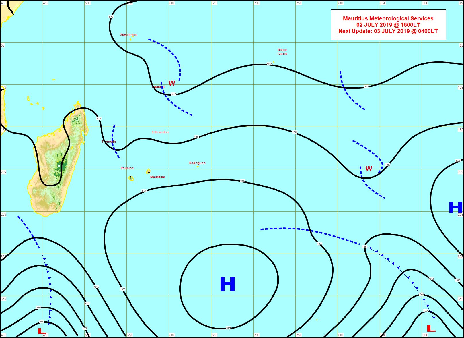 L'anticyclone(H) affaibli se décale vers l'Est. Une dépression extra-tropicale accompagnée de son système frontal apparaît au sud de la Grande Ile. Entre les deux centres d'action le vent ralentit nettement. MMS