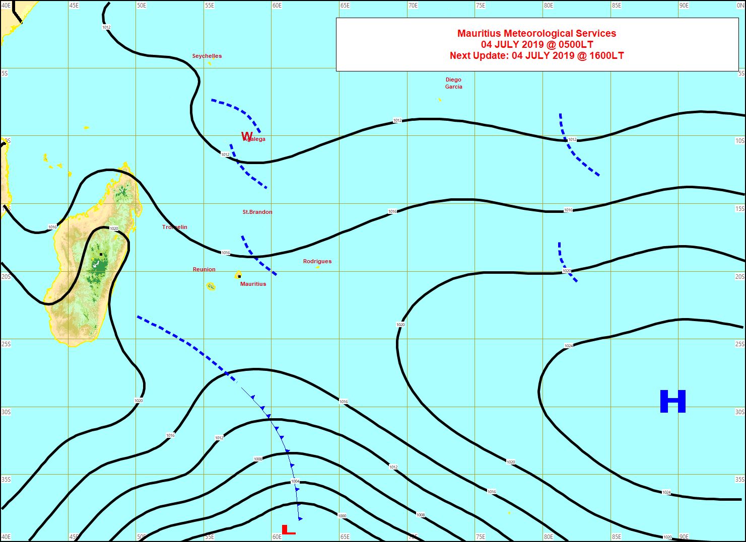 Analyse de la situation de surface ce matin. Un peu d'instabliité à l'Est de MAURICE. MMS