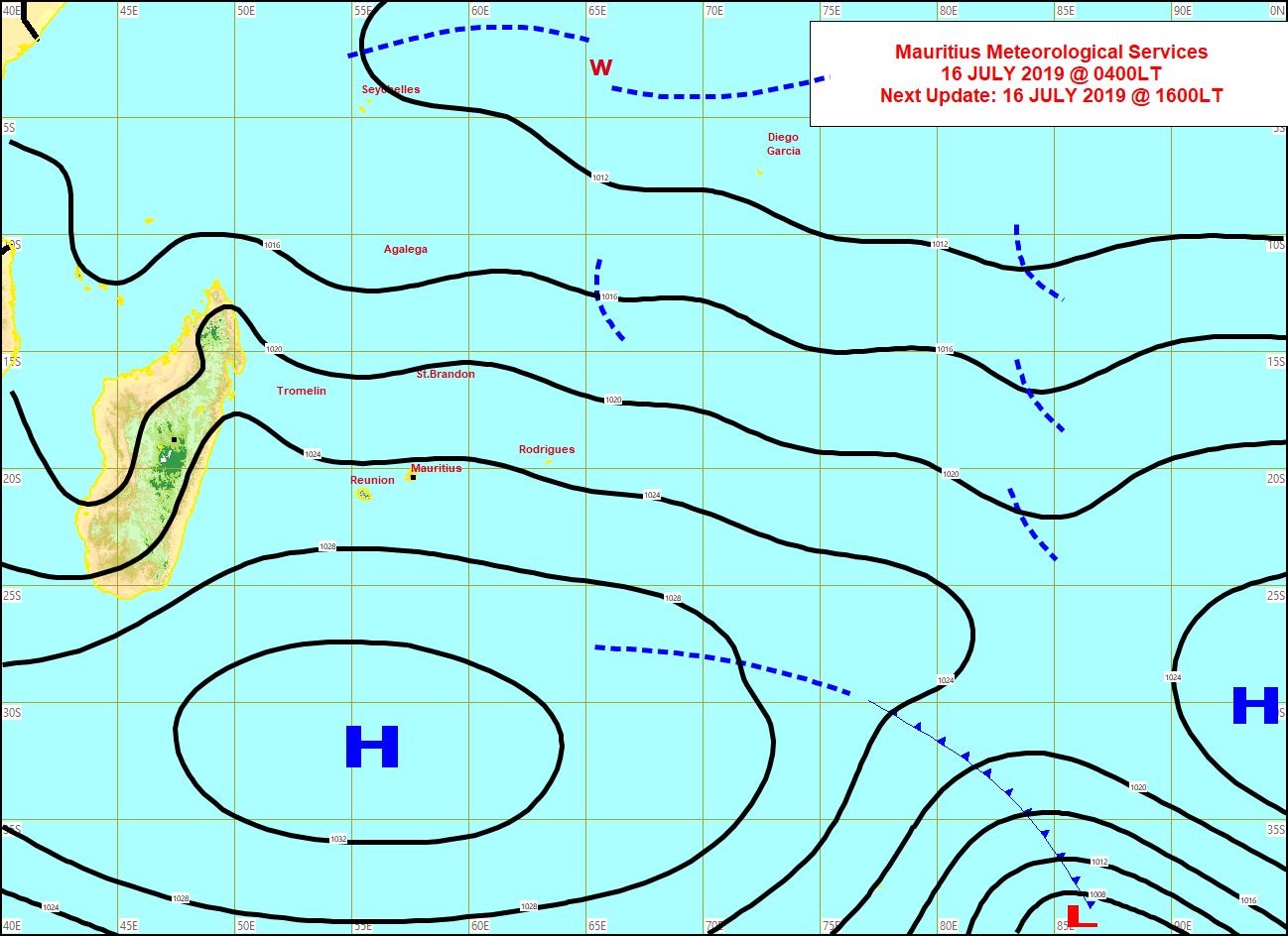 L'anticyclone(H) de 1035hpa est solidement positionné au Sud des Mascareignes. MMS