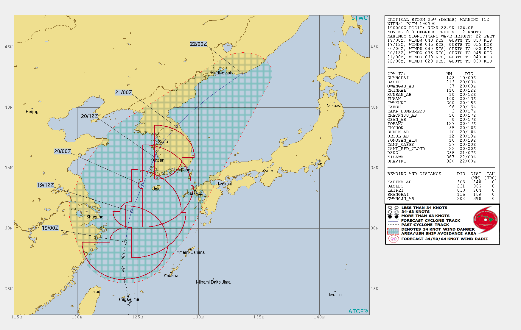 WARNING 12/JTWC. PEAK INTENSITY OF 45KNOTS FORECAST WITHIN 12HOURS. INTENSITY FORECAST TO FALL BELOW 35KNOTS IN 48HOURS.