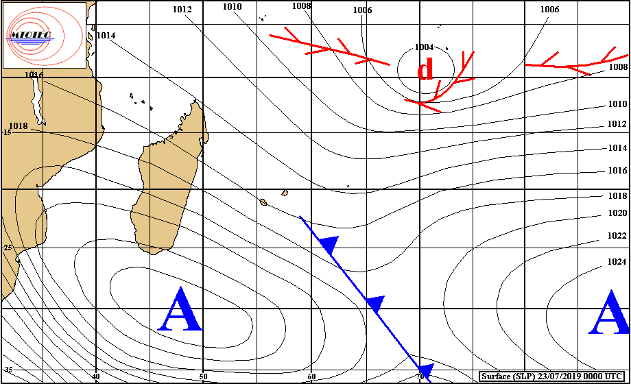 Analyse de surface de ce matin. Le système frontal s'éloigne des Iles Soeurs. L'anticyclone domine à présent au Sud Sud-Est de MADA. Loin au Nord-Est des Mascareignes on note la présence de la "zone suspecte" 96S. MTOTEC
