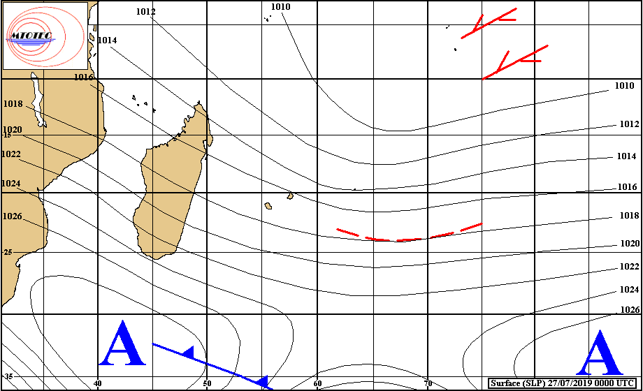 Analyse de la situation de surface ce matin. Un nouvel anticyclone(A) est en est approche par le Sud-Ouest. MTOTEC