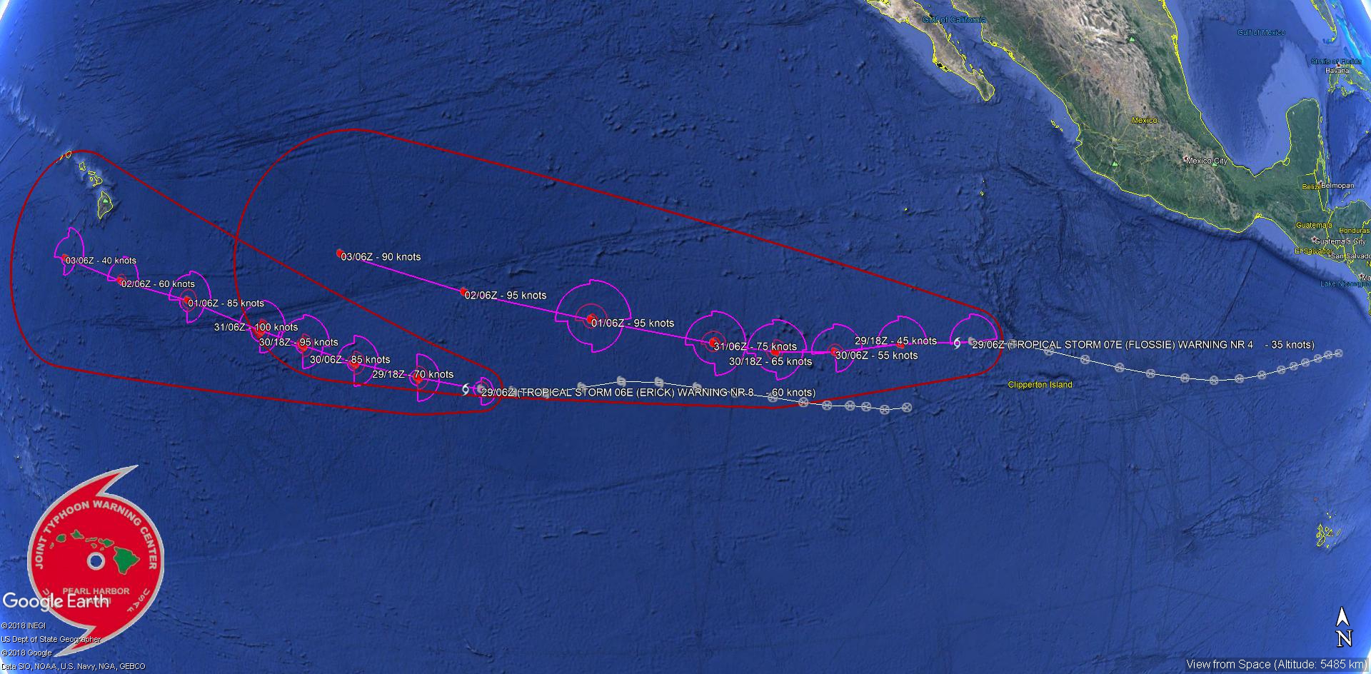 06E: PEAK INTENSITY NEAR 100KNOTS FORECAST IN 48H. 07E: PEAK INTENSITY NEAR 95KNOTS FORECAST IN 72H.