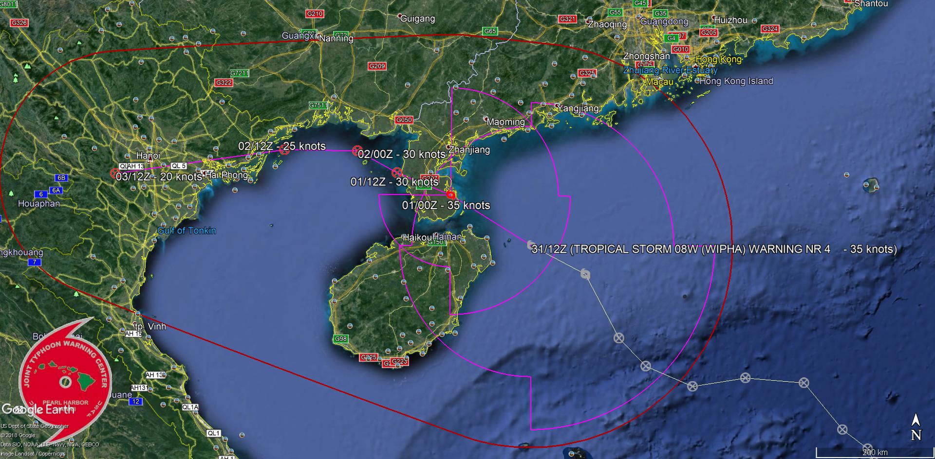 Prévisions de trajectoire et d'intensité pour la tempête émises par le Joint Typhoon Warning Center.
