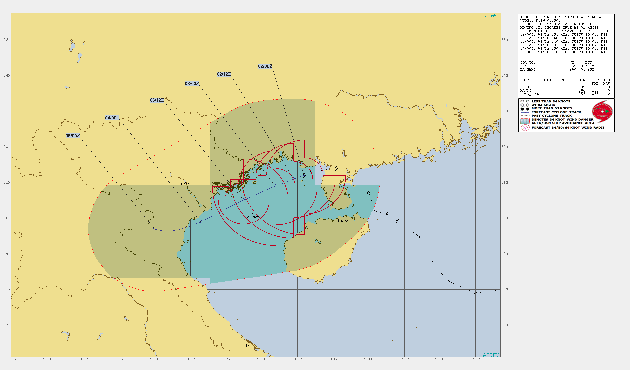 WIPHA(08W): WARNING 10. PEAK INTENSITY OF 40KNOTS FORECAST WITHIN 24HOURS.
