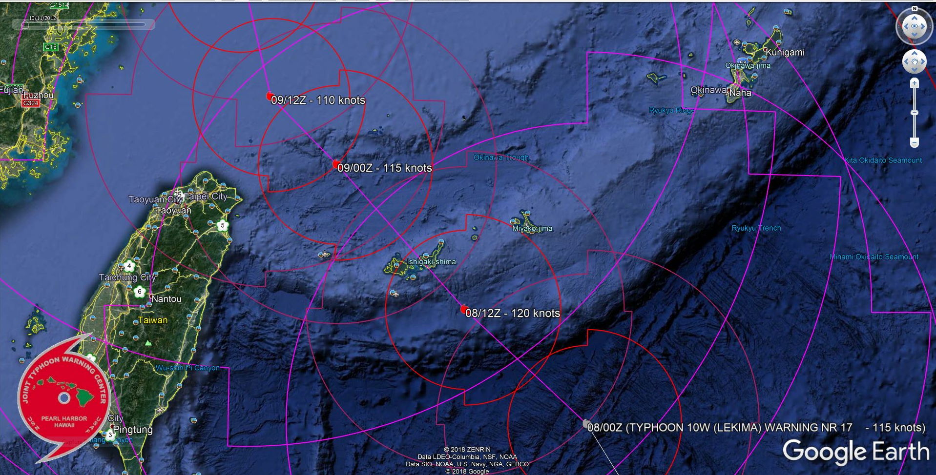 LEKIMA(10W): WARNING 17/JTWC. FORECAST PEAK INTENSITY WITHIN 12HOURS WHILE TRACKING OVER THE YAEYAMA ISLANDS