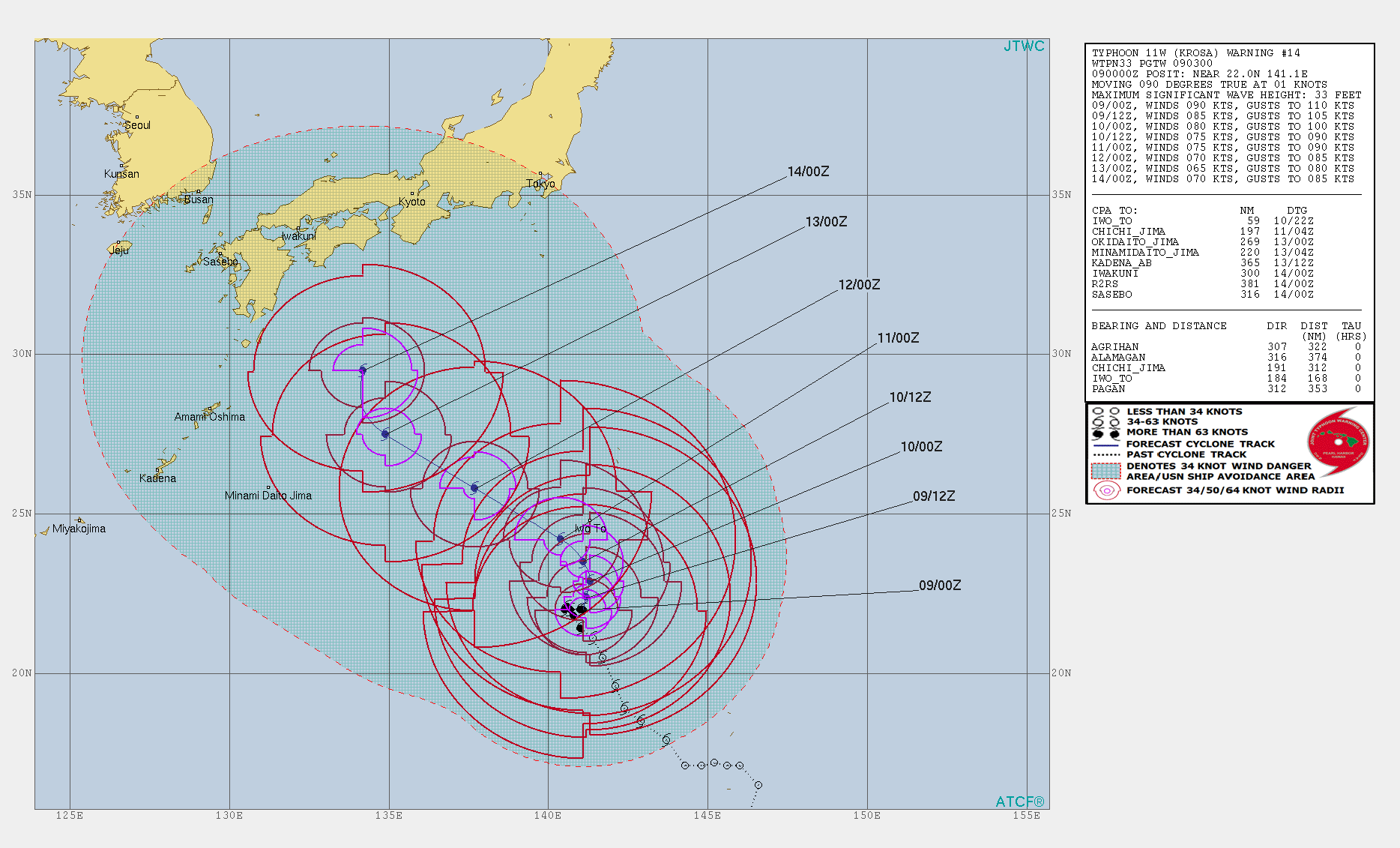 KROSA(11W): WARNING 14: INTENSITY IS FORECAST TO DECREASE GRADUALLY NEXT 72H BUT COULD BE SLIGHTLY UP ONCE AGAIN WHEN THE CYCLONE APPORACHES SOUTHERN JAPAN