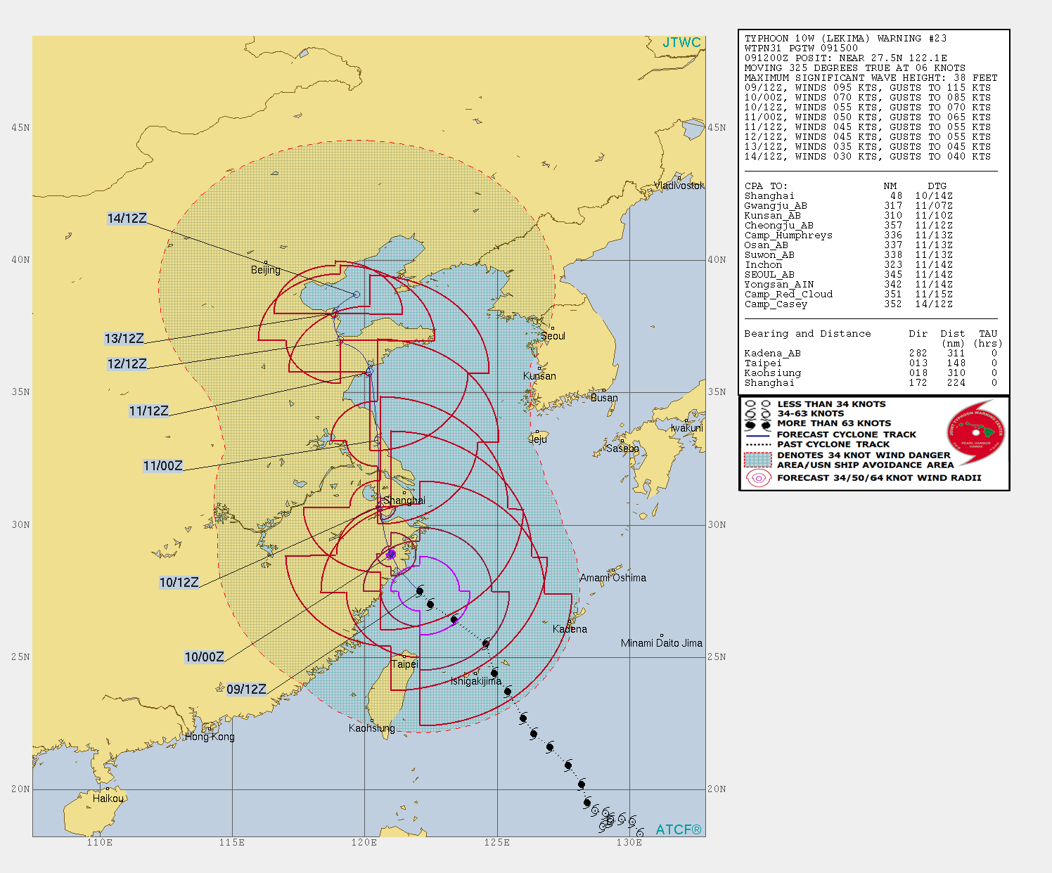 LEKIMA(10W) IS FORECAST TO TRACK WEST OF SHANGHAI IN 23H WITH NEAR 55KNOTS WINDS