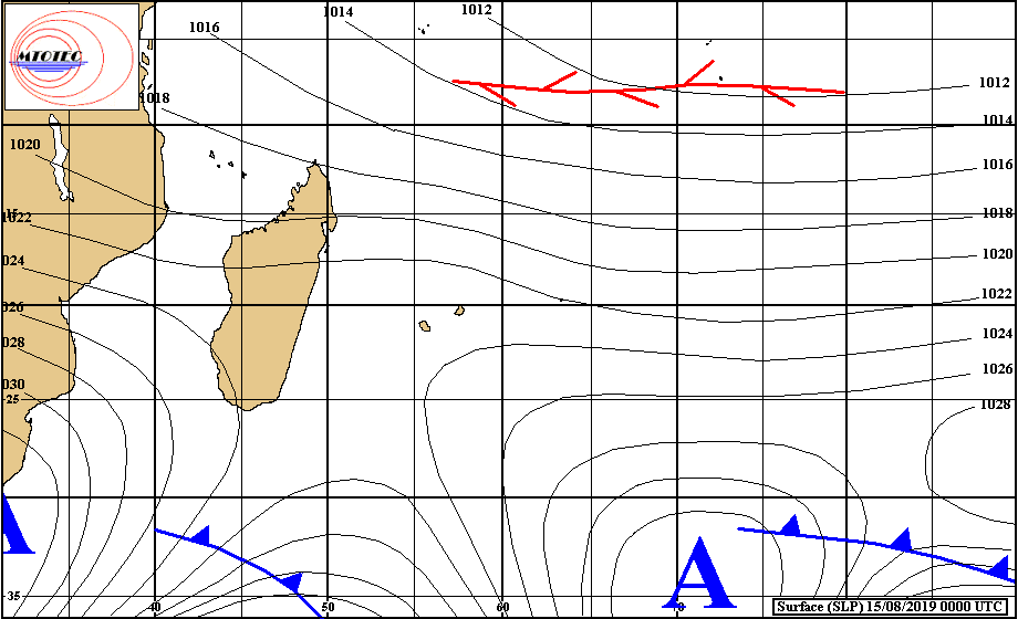 Situation de surface analysée ce matin. Les vents faiblissent sur les Iles Soeurs. MTOTEC
