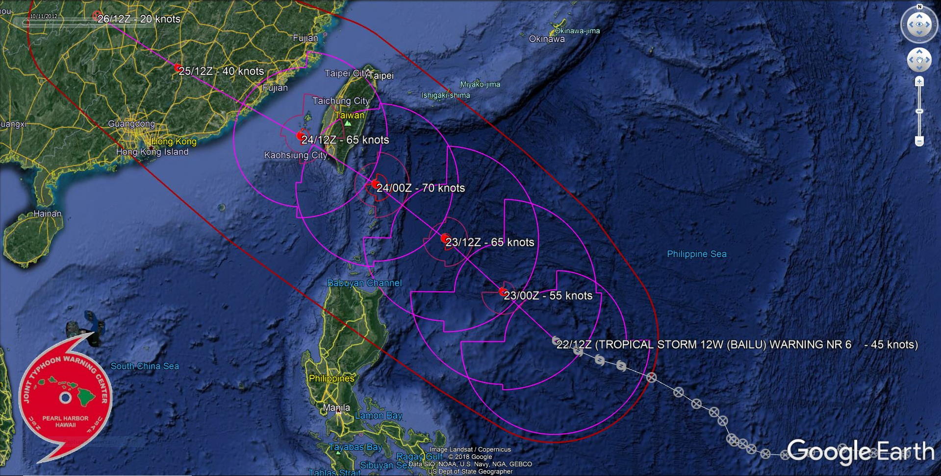 TS Bailu intensifying to Typhoon intensity within 24h, landfall over Taiwan shortly after 36h