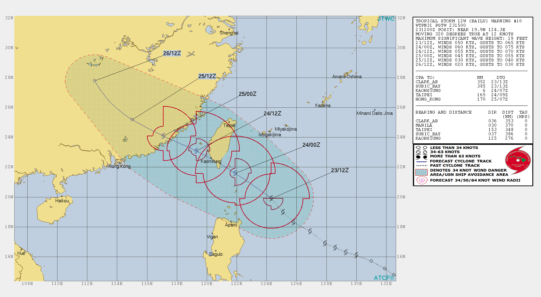 TS Bailu(12W) forecast to track over southern Taiwan shortly after 12h near minimal typhoon intensity