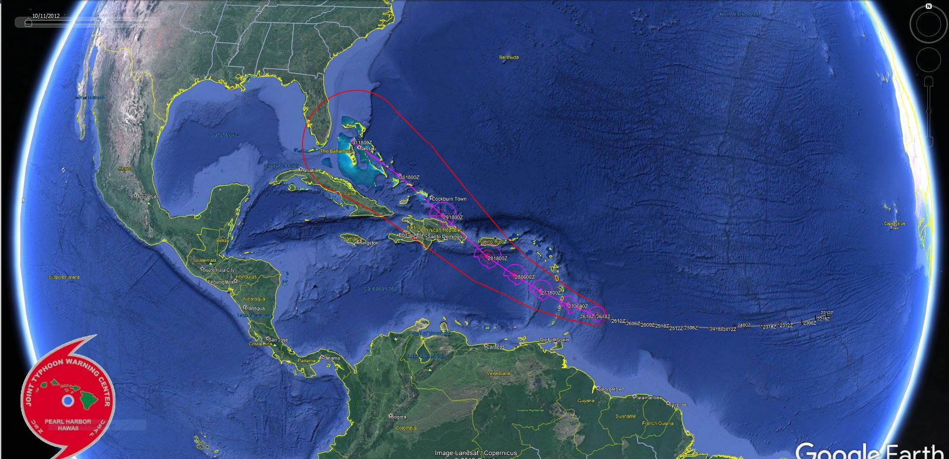 Plan plus large sur la trajectoire prévue. Après Puerto Rico et la République Dominicaine les Bahamas sont sur la trajectoire.