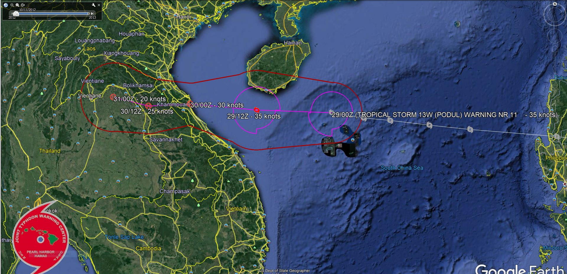 PODUL(13W) tracking to the south of Hainan but has failed to intensify 