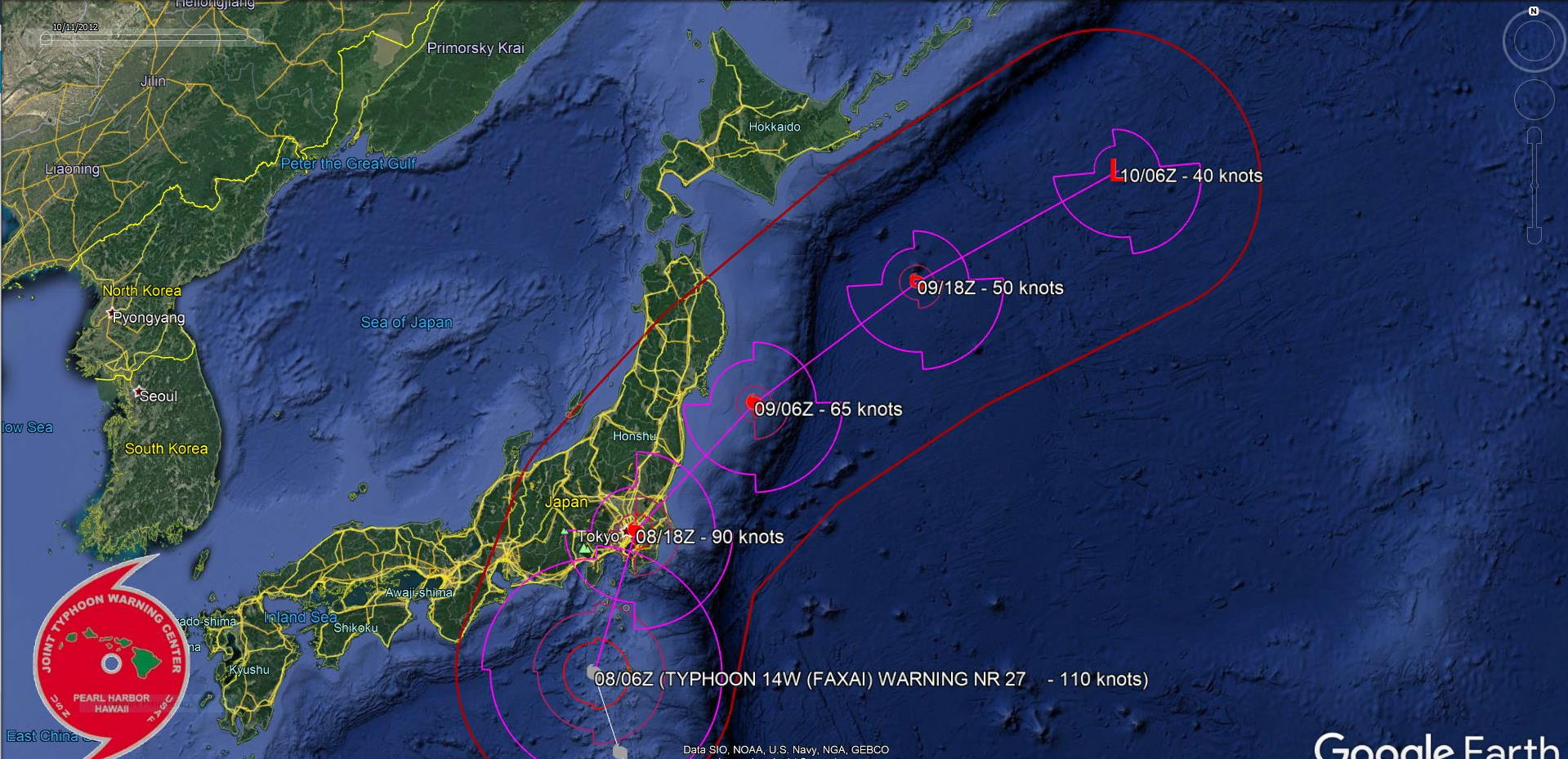 Typhoon Faxai should hit Yokosuka and Tokyo within 12h with top gusts over 200km/h close to center